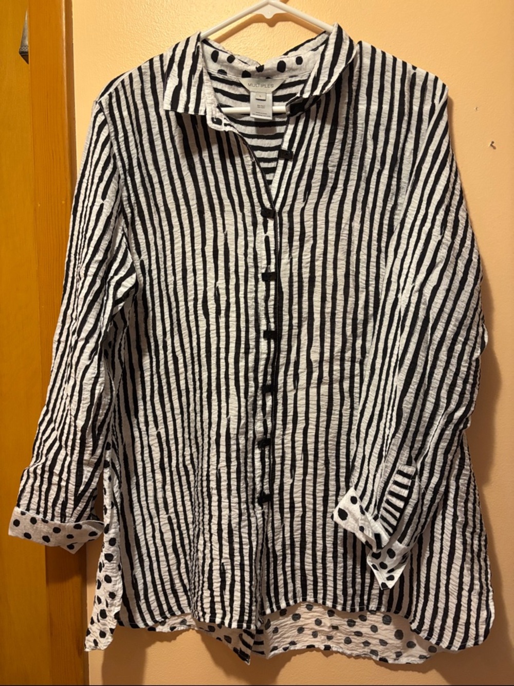 Multiples Black and White Striped Button-Down with Polka Dot Trim